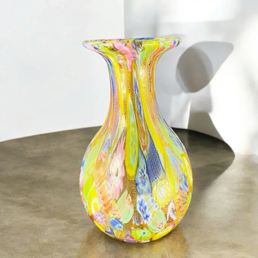 Murano Italian Glass Vase Gold Flecks Aventurine Large Multicolor Millefiori VTG